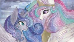 Size: 4800x2700 | Tagged: safe, artist:cityofdreams, princess celestia, princess luna, alicorn, pony, g4, duo, female, high res, looking at each other, sisters, smiling