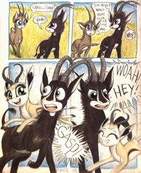 Size: 1076x1328 | Tagged: safe, artist:thefriendlyelephant, oc, oc only, oc:sabe, oc:uganda, antelope, giant sable antelope, springbok, comic:sable story, africa, animal in mlp form, cloven hooves, comic, horns, pronking, savanna, size difference, traditional art