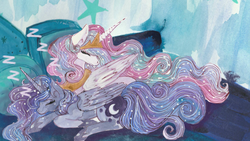 Size: 4800x2700 | Tagged: safe, artist:cityofdreams, princess celestia, princess luna, alicorn, pony, g4, bed, colored pupils, duo, female, high res, mare, sleeping, zzz