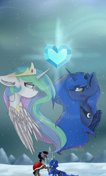 Size: 1280x2133 | Tagged: safe, artist:feathershine1, king sombra, princess celestia, princess luna, alicorn, pony, unicorn, fall of the crystal empire, g4, crystal empire, crystal heart, fall of an empire, floppy ears, looking at each other, royal sisters, snow, snowy, trio