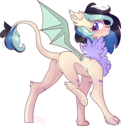 Size: 1902x1976 | Tagged: safe, artist:erinartista, oc, oc only, original species, bat wings, butt, chest fluff, female, paws, plot, raised leg, simple background, solo, transparent background