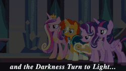 Size: 768x432 | Tagged: safe, edit, edited screencap, screencap, princess cadance, princess flurry heart, spike, starlight glimmer, sunburst, thorax, twilight sparkle, alicorn, dragon, pony, g4, season 6, the times they are a changeling, a changeling can change, angry, animated, armor, caption, concerned, crystal guard, crystal guard armor, darkness, gesture, gif, light, looking up, lyrics, magic, reaction, singing, sleeping, song, song reference, spotlight, sympathy, telekinesis, text, twilight sparkle (alicorn)