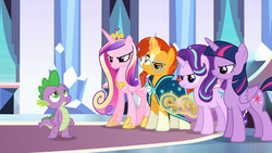 Size: 1920x1080 | Tagged: safe, screencap, princess cadance, princess flurry heart, spike, starlight glimmer, sunburst, twilight sparkle, alicorn, dragon, pony, unicorn, g4, the times they are a changeling, angry, crown, crystal castle, female, frown, glare, jewelry, light, looking up, magic, male, mare, raised eyebrow, reaction, regalia, sisters-in-law, sleeping, stallion, telekinesis, twilight sparkle (alicorn)