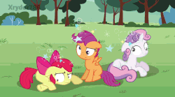 Size: 848x472 | Tagged: safe, screencap, apple bloom, scootaloo, sweetie belle, earth pony, pegasus, pony, unicorn, g4, the cutie mark chronicles, animated, apple bloom's bow, bow, circling stars, cutie mark crusaders, derp, dizzy, female, filly, floppy ears, gif, hair bow, prone, sitting, trio, trio female