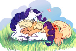 Size: 2249x1500 | Tagged: safe, artist:k9core, applejack, rarity, butterfly, pony, g4, eyes closed, female, grass, lesbian, ship:rarijack, shipping