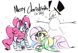 Size: 1068x724 | Tagged: safe, artist:hattsy, fluttershy, pinkie pie, earth pony, pony, g4, clothes, eye contact, hat, looking at each other, prone, scarf, snow, snowfall, snowman, socks, striped socks, top hat