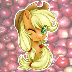 Size: 1000x1000 | Tagged: safe, artist:dreamyeevee, applejack, earth pony, pony, g4, apple, bust, cute, female, food, jackabetes, looking at you, one eye closed, portrait, smiling, solo, wink