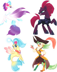 Size: 745x940 | Tagged: safe, captain celaeno, princess skystar, queen novo, tempest shadow, pony, seapony (g4), unicorn, anthro, g4, my little pony: the movie, amputee, anthro with ponies, armor, broken horn, horn, peg leg, pirate, prosthetic leg, prosthetic limb, prosthetics