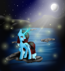 Size: 2300x2527 | Tagged: safe, artist:bambudess, oc, oc only, oc:dess, firefly (insect), insect, pony, unicorn, female, glowing horn, high res, horn, magic, mare, moon, night, solo, stars, water