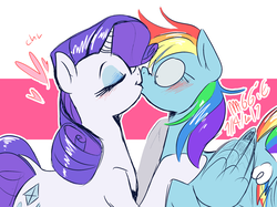 Size: 960x719 | Tagged: safe, artist:mushroomcookiebear, rainbow dash, rarity, pegasus, pony, unicorn, g4, blushing, duo, female, heart, kiss on the lips, kissing, lesbian, mare, ship:raridash, shipping, shrunken pupils, surprise kiss