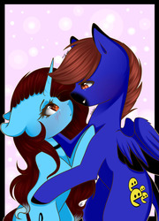 Size: 1586x2208 | Tagged: safe, artist:bambudess, oc, oc only, oc:dess, oc:ssed, pegasus, pony, unicorn, blue, blushing, brown eyes, brown mane, digital art, duo, female, male, mare, shipping, stallion