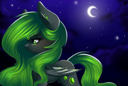 Size: 1280x863 | Tagged: safe, artist:bambudess, oc, oc only, oc:akimi, original species, art trade, bat wings, female, green eyes, green mane, lineless, mare, moon, night, solo, stars