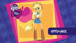 Size: 2560x1440 | Tagged: safe, applejack, equestria girls, g4, official, female, mlp club, my little pony logo, solo, wallpaper