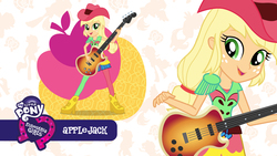 Size: 2560x1440 | Tagged: safe, applejack, equestria girls, g4, my little pony equestria girls: rainbow rocks, official, bass guitar, equestria girls plus, female, mlp club, musical instrument, my little pony logo, rainbow rocks outfit, solo, wallpaper