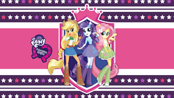 Size: 2560x1440 | Tagged: safe, applejack, fluttershy, rarity, equestria girls, g4, official, mlp club, my little pony logo, wallpaper