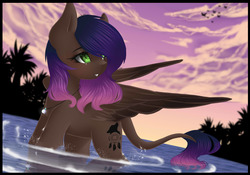 Size: 3600x2527 | Tagged: safe, artist:bambudess, oc, oc only, oc:evening howler, pegasus, pony, art trade, cloud, evening, female, green eyes, high res, mare, solo, water
