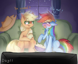Size: 1400x1150 | Tagged: safe, artist:irenla, applejack, rainbow dash, earth pony, pegasus, pony, g4, blushing, couch, cowboy hat, cute, dashabetes, dialogue, duo, duo female, female, food, hat, jackabetes, lesbian, looking at each other, mare, movie night, night, popcorn, scared, ship:appledash, shipping, sitting, smiling, stetson, teary eyes, television
