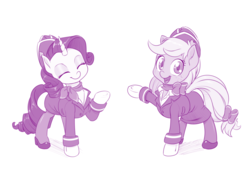 Size: 1000x680 | Tagged: safe, artist:dstears, applejack, rarity, earth pony, pony, unicorn, g4, clothes, duo, eyes closed, female, flight attendant, hat, looking at you, mare, pantyhose, simple background, smiling, stewardess, white background