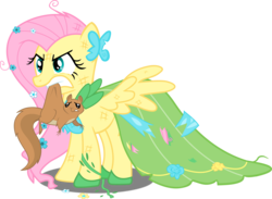 Size: 4001x2936 | Tagged: safe, artist:sansbox, fluttershy, pegasus, pony, squirrel, g4, season 1, the best night ever, angry, clothes, dirty, dress, female, frown, gala dress, gritted teeth, high res, mare, messy, mouth hold, simple background, solo, spread wings, transparent background, vector, wings