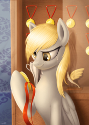 Size: 1240x1754 | Tagged: dead source, safe, artist:jeki, derpy hooves, pegasus, pony, g4, bittersweet, crying, female, gold medal, mare, medal, smiling, solo, trophy