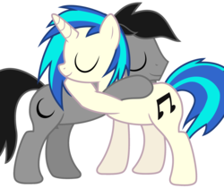 Size: 2251x1893 | Tagged: safe, artist:blue-vector, dj pon-3, vinyl scratch, oc, oc:howl, earth pony, pony, unicorn, g4, commission, duo, female, hug, male, simple background, straight, transparent background