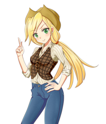 Size: 1700x2000 | Tagged: safe, artist:0les-x, applejack, human, g4, anime, female, humanized, looking at you, simple background, solo, transparent background