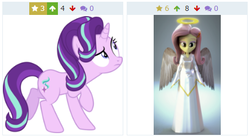 Size: 436x244 | Tagged: safe, artist:cloudy glow, artist:efk-san, fluttershy, starlight glimmer, angel, pony, derpibooru, g4, juxtaposition, meta, vector