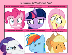 Size: 1019x785 | Tagged: safe, applejack, fluttershy, pinkie pie, rainbow dash, rarity, twilight sparkle, earth pony, pegasus, pony, unicorn, g4, my little pony: friendship is magic, the perfect pear, 6 pony meme, applejack cries on the inside, comically missing the point, crying, crying inside, exploitable meme, female, floppy ears, grin, makeup, mane six, mare, mascarity, meme, one of these things is not like the others, running makeup, sad, smiling