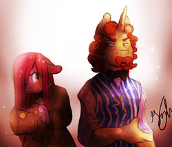 Size: 1024x872 | Tagged: dead source, safe, artist:shellielle, flam, pinkie pie, anthro, g4, alternate universe, clothes, hat, pinkamena diane pie, story included, top hat