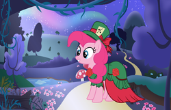 Size: 5096x3272 | Tagged: safe, artist:diamondwolf2990, pinkie pie, earth pony, pony, g4, absurd resolution, alice in wonderland, base used, clothes, crossover, dress, female, grin, hat, mad hatter, mare, smiling, solo, top hat