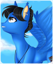 Size: 1050x1280 | Tagged: safe, artist:clefficia, oc, oc only, oc:sonica, pegasus, pony, art trade, bust, cloud, ear piercing, female, mare, piercing, portrait, sky, smiling, solo