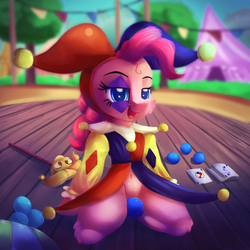 Size: 2000x2000 | Tagged: safe, artist:discorded, pinkie pie, earth pony, pony, g4, ball, belly, belly button, carnival, clothes, female, high res, jester, jester pie, kneeling, mare, open mouth, playing card, solo