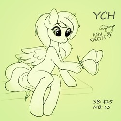 Size: 1024x1024 | Tagged: safe, artist:drawsyraccoon, oc, oc only, butterfly, pony, advertisement, monochrome, your character here