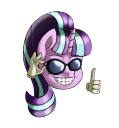 Size: 1447x1549 | Tagged: safe, artist:anonbelle, starlight glimmer, pony, unicorn, g4, disembodied hand, exploitable meme, female, glasses, grin, hand, laughing, meme, memegenerator, picardia ball, s5 starlight, simple background, smiling, solo, sunglasses, thumbs up, transparent background