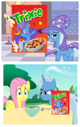 Size: 1128x1774 | Tagged: safe, artist:renacer87, angel bunny, fluttershy, trixie, pony, unicorn, g4, cereal, female, food, mare, pun, trix