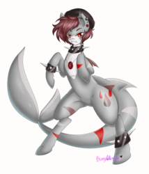 Size: 1024x1194 | Tagged: safe, artist:bunnywhiskerz, oc, oc only, oc:hex, original species, pony, shark pony, commission, fangs, hat, looking at you, simple background, solo, spiked wristband, white background, wristband