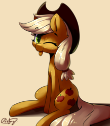 Size: 3483x4007 | Tagged: safe, artist:luxaestas, applejack, earth pony, pony, g4, cowboy hat, cute, female, hat, high res, jackabetes, looking at you, mare, one eye closed, sitting, solo, stetson, tongue out, wink