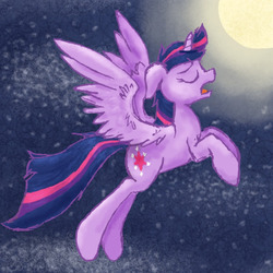 Size: 540x540 | Tagged: safe, artist:midnight-soliloquy, twilight sparkle, alicorn, pony, g4, eyes closed, female, moon, open mouth, solo, stars, twilight sparkle (alicorn)