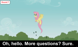 Size: 1600x973 | Tagged: safe, fluttershy, pegasus, pony, comic:celestia's servant interview, g4, caption, cs captions, female, flying, interview, leaf, mare, solo, tree