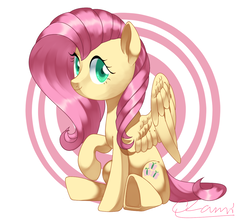 Size: 1166x1030 | Tagged: safe, artist:clamiclami3, fluttershy, pony, g4, female, looking at you, looking sideways, raised hoof, sitting, smiling, solo, spread wings, wings