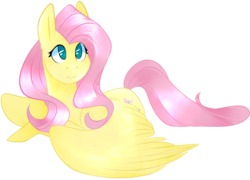Size: 2176x1564 | Tagged: safe, artist:kazanzh, fluttershy, pegasus, pony, g4, colored pupils, female, looking up, prone, simple background, solo, spread wings, transparent background, turned head, wings