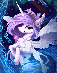 Size: 1760x2250 | Tagged: safe, artist:yakovlev-vad, oc, oc only, oc:iridae, alicorn, pony, alicorn oc, cheek fluff, chest fluff, cloven hooves, commission, crown, crystal, ear fluff, female, fluffy, flying, grin, leg fluff, leonine tail, lidded eyes, looking at you, mare, necklace, patreon reward, regalia, smiling, smirk, solo, spread wings, unshorn fetlocks, water, wings