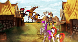 Size: 2000x1090 | Tagged: safe, artist:shivannie, oc, oc only, pony, armor, barrel, building, butt, commission, hoof hold, onslaught, plot, rearing, signature, spear, weapon