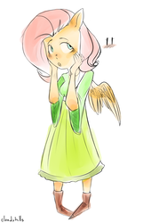 Size: 2000x3100 | Tagged: safe, artist:cloudyhills, fluttershy, human, anthro, g4, art, boots, clothes, dress, embarrassed, female, high res, humanized, open mouth, shoes, solo