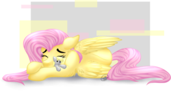 Size: 1024x544 | Tagged: safe, artist:seeyoumonday, derpy hooves, fluttershy, pegasus, pony, g4, abstract background, eyes closed, female, floppy ears, mare, plushie, pony holding plushie, prone, sleeping, solo