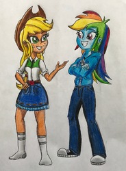 Size: 2177x2963 | Tagged: safe, artist:bozzerkazooers, applejack, rainbow dash, equestria girls, g4, belt, clothes, converse, cowboy hat, crossed arms, denim skirt, duo, freckles, hat, high res, pants, shoes, skirt, sneakers, socks, stetson, traditional art