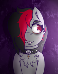 Size: 652x830 | Tagged: safe, artist:lazerblues, oc, oc only, oc:miss eri, pony, bags under eyes, black and red mane, blushing, chest fluff, choker, collar, solo, two toned mane
