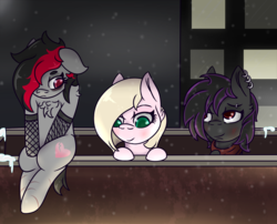 Size: 1237x1000 | Tagged: safe, artist:lazerblues, oc, oc only, oc:connie amore, oc:deep rest, oc:miss eri, pony, bags under eyes, black and red mane, blushing, chest fluff, clothes, ear piercing, eyebrow piercing, fishnet stockings, piercing, scarf, snow, two toned mane