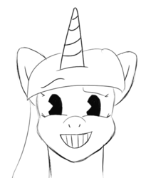 Size: 416x491 | Tagged: artist needed, safe, twilight sparkle, pony, g4, 4chan, bendy and the ink machine, drawthread, female, looking at you, monochrome, smiling, solo