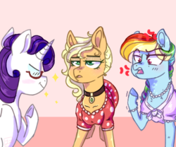 Size: 3600x3000 | Tagged: safe, artist:yomitai, applejack, rainbow dash, rarity, earth pony, pegasus, pony, unicorn, g4, alternate hairstyle, angry, applejack also dresses in style, clothes, collar, cross-popping veins, dress, eyes closed, female, high res, jewelry, makeover, mare, necklace, pearl necklace, rainbow dash always dresses in style, tomboy taming